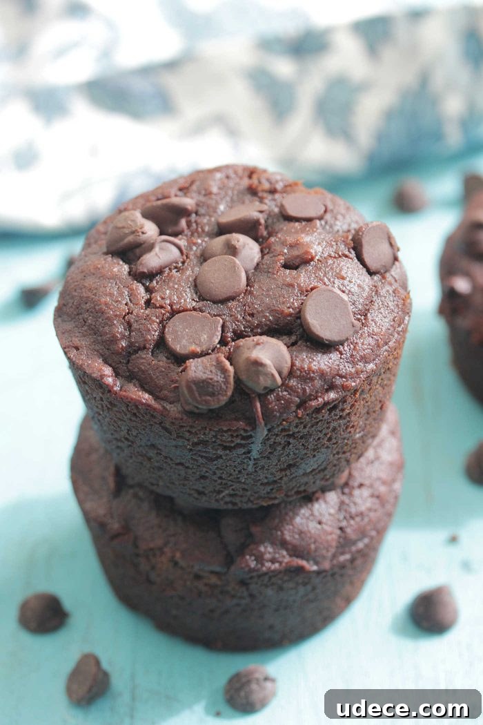 Chocolate Protein Blender Muffins — Quick No-Fuss Recipe 4 Chocolate Protein Blender Muffins stacked with floral napkin
