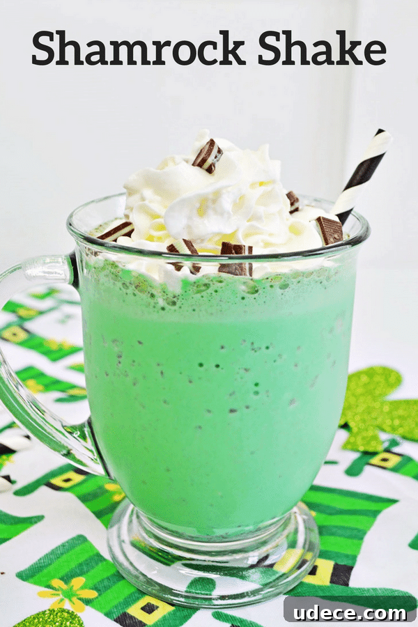 Shamrock Shake Recipe: Refreshing Minty Milkshake for St. Patrick’s Day 8 Bright green mint chocolate chip milkshake in glass mug with whipped cream, chopped Andes Mints, and a white and black striped paper straw. The mug sits on a leprechaun hat tablecloth. Reads: Shamrock Shake