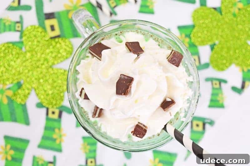 Shamrock Shake Recipe: Refreshing Minty Milkshake for St. Patrick’s Day 7 Finished mint chocolate chip milkshake topped with whipped cream and chopped mint chocolate, in a glass with black and white paper straw
