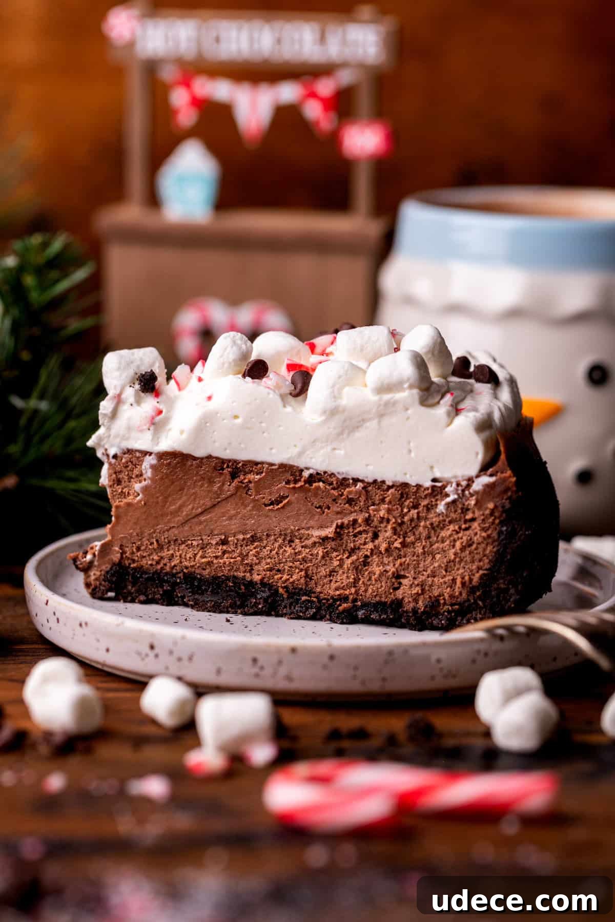 Slice of hot chocolate cheesecake on a plate.