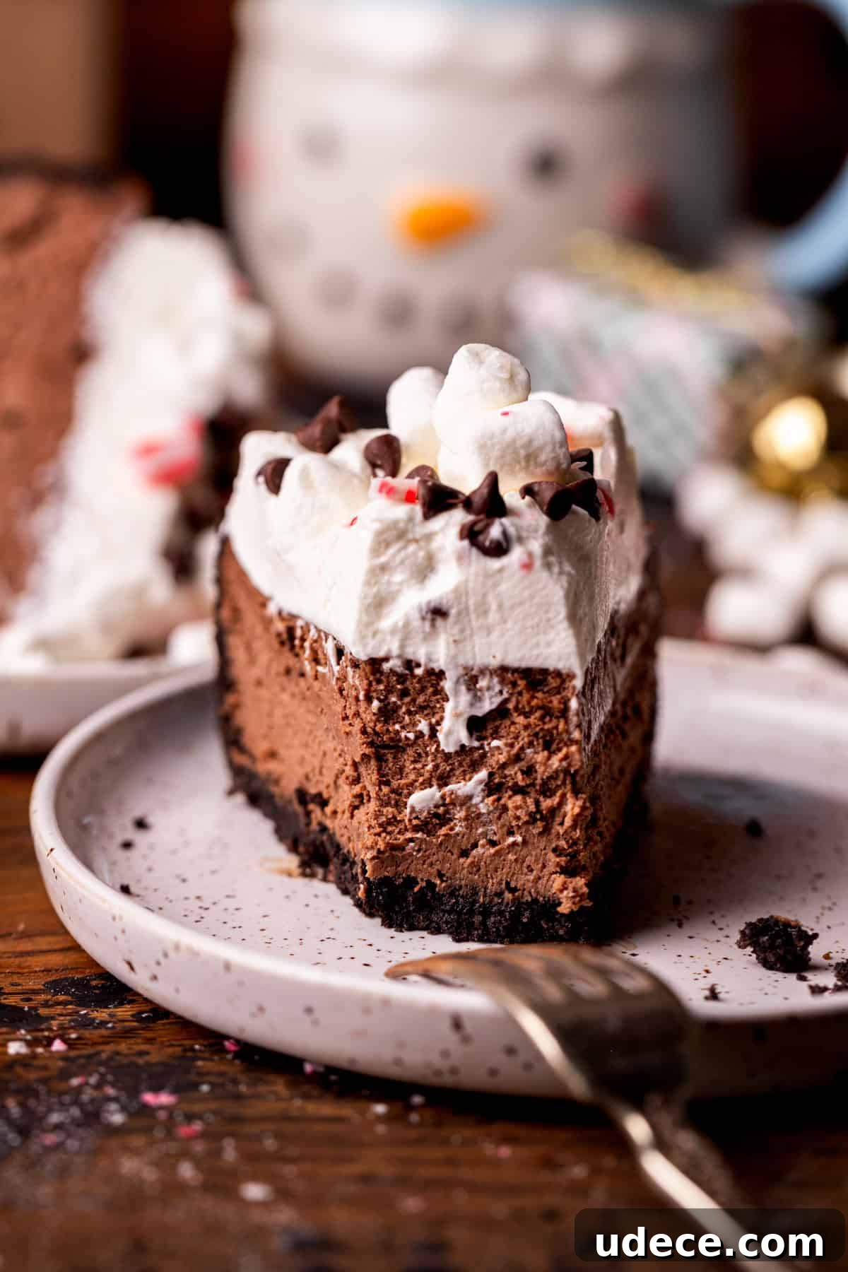Bite missing from hot chocolate cheesecake.