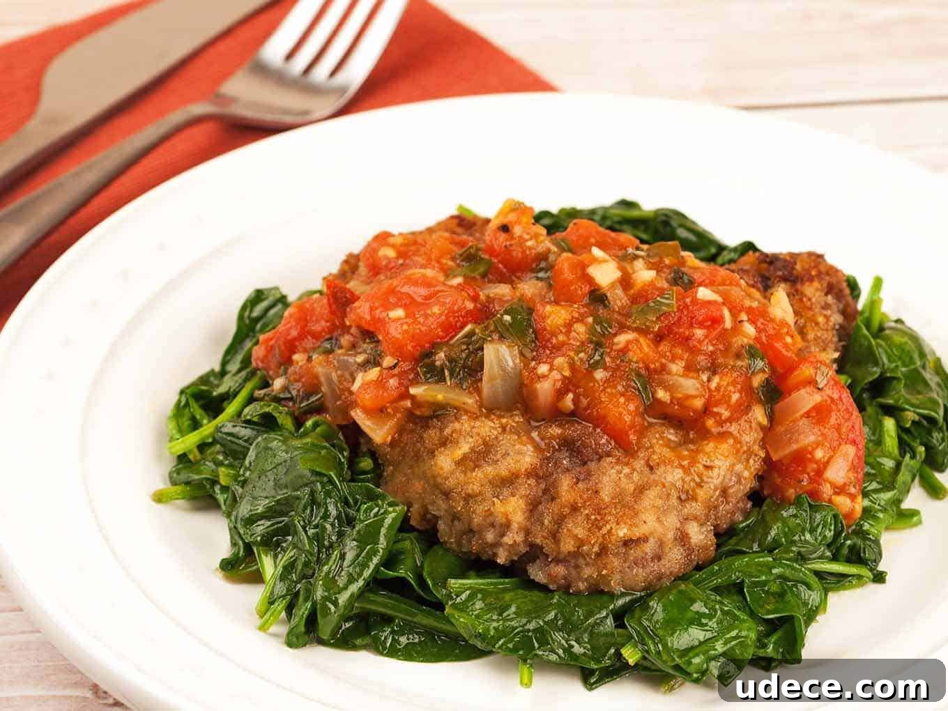 Milanese Steak: Crispy Breaded Veal-Style Cutlet Recipe 3 A plate of lightly breaded steak alla Milanese topped with tomato sauce, served over a bed of sautéed spinach.