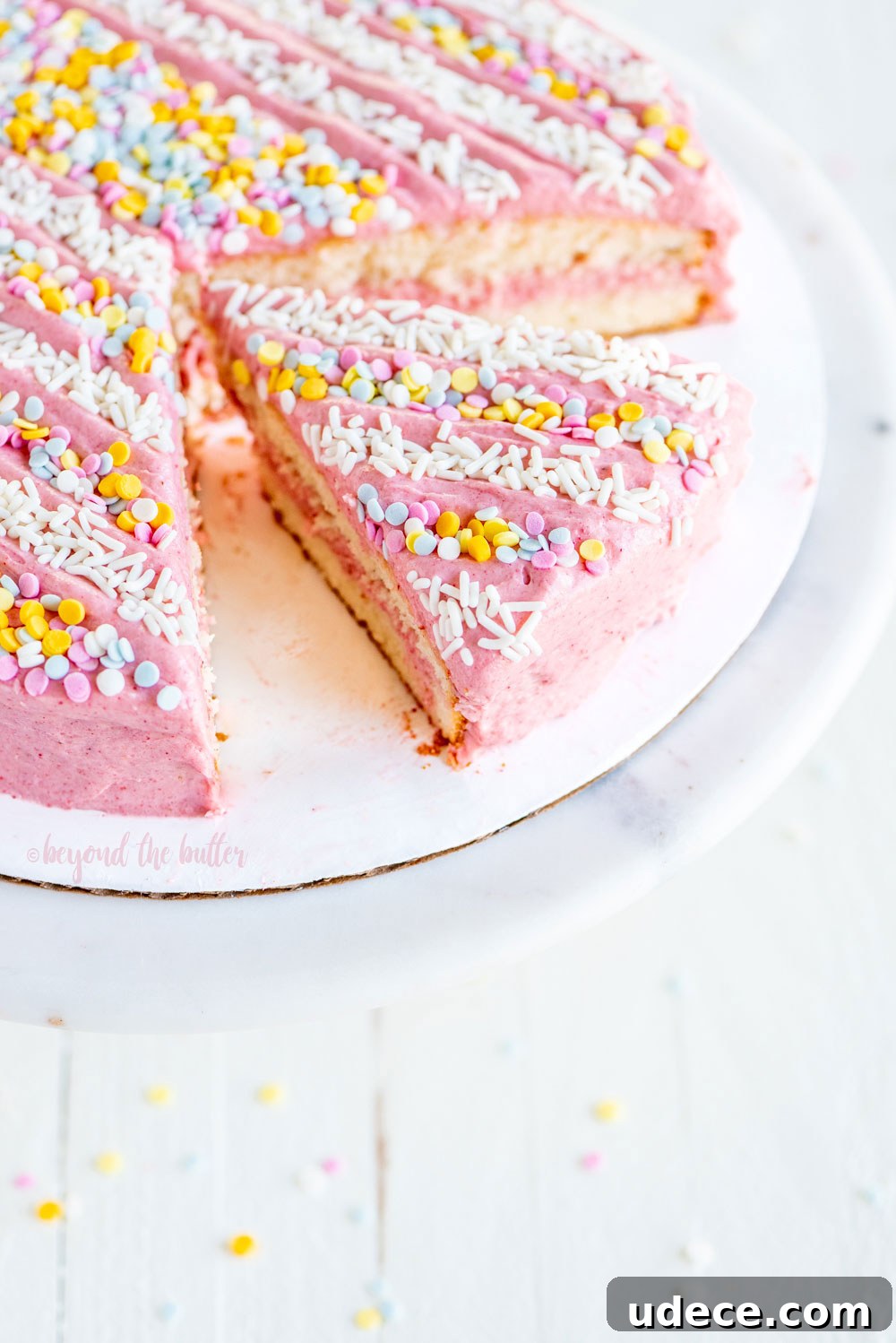 Moist Single-Layer Vanilla Bean Cake Recipe 4 Vanilla Bean Cake with Strawberry Swiss Meringue Buttercream | All images © Beyond the Butter, LLC.