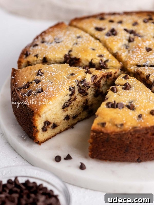 Moist Single-Layer Vanilla Bean Cake Recipe 7 Slices of chocolate chip ricotta cake on a marble cake round with small bowl of mini chocolate chips nearby.