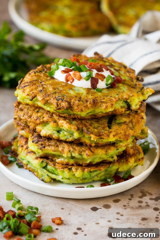 These zucchini fritters are crispy patties filled with shredded squash and flavored with garlic and herbs. A stack of zucchini fritters topped with sour cream and bacon.