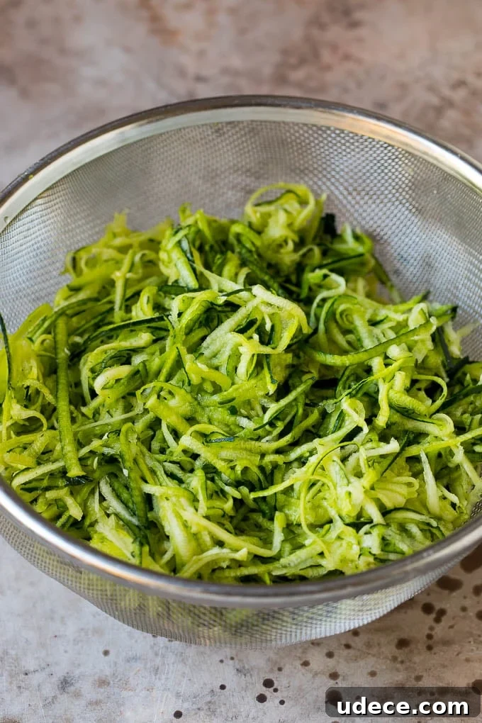 These zucchini fritters are crispy patties filled with shredded squash and flavored with garlic and herbs. Shredded zucchini in a colander.