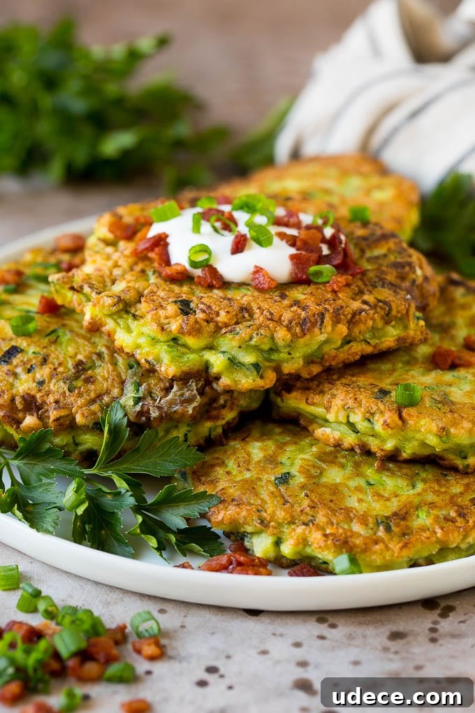 These zucchini fritters are crispy patties filled with shredded squash and flavored with garlic and herbs. A plate of zucchini fritters garnished with fresh herbs.
