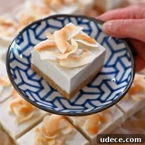 Vegan Coconut Cream Bars — Low-Carb, Gluten-Free Dessert 17 A hand holding a blue and white plate with a coconut cream bar on top.