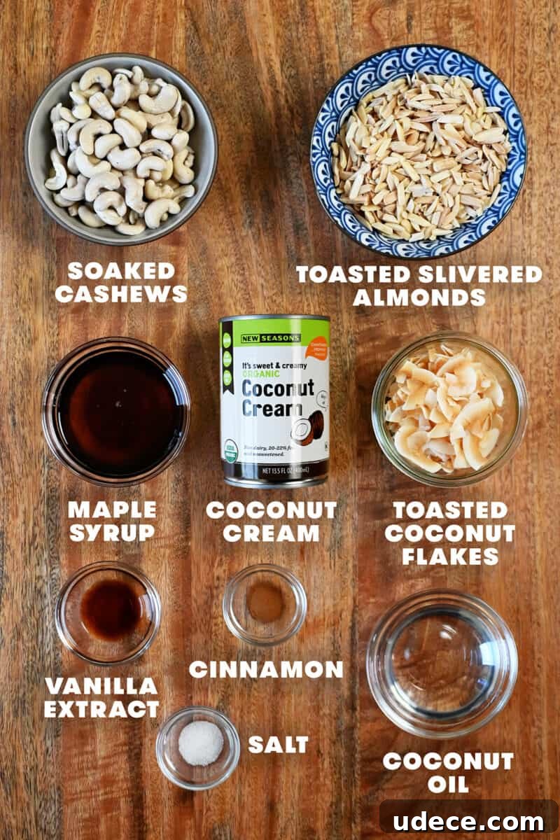 Vegan Coconut Cream Bars — Low-Carb, Gluten-Free Dessert 4 An overhead shot of the raw ingredients for vegan and paleo coconut cream bars.