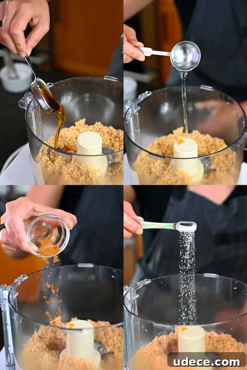 Vegan Coconut Cream Bars — Low-Carb, Gluten-Free Dessert 6 A collage of pictures showing someone adding the ingredients for the coconut cream bar crust into an open food processor.