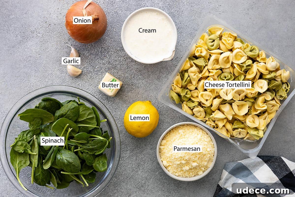 Creamy Lemon Tortellini Recipe with Garlic and Parmesan 3 Ingredients: Onion, cream, garlic, butter, lemon, parmesan, cheese tortellini, and spinach.