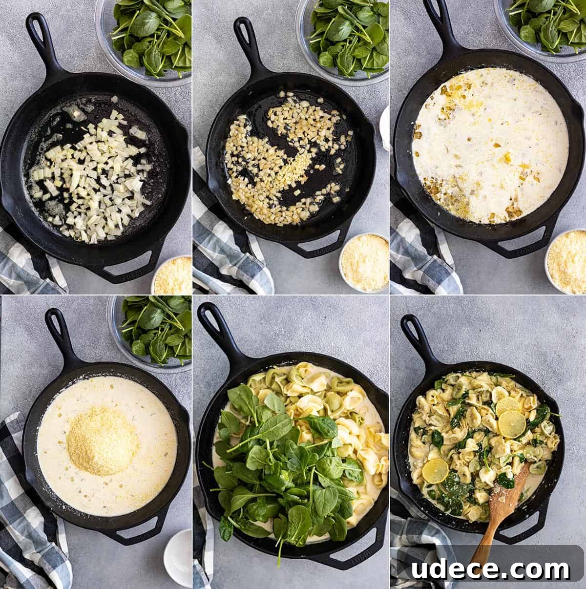 Creamy Lemon Tortellini Recipe with Garlic and Parmesan 4 Six photos showing the how to make this tortellini recipe. Sauteing the onion, adding the garlic, adding the cream and pasta water, adding the cheese, adding the spinach, and the finished product.