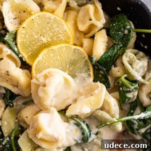 Creamy Lemon Tortellini Recipe with Garlic and Parmesan 6 Close up of pasta dish. Garnished with lemon slices.