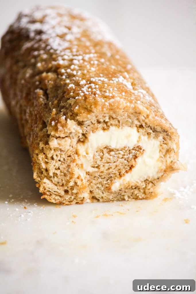 Banana Roll Cake with Cream Cheese Frosting Recipe 3 Soft, airy banana sponge cake rolled up with a tangy cream cheese frosting