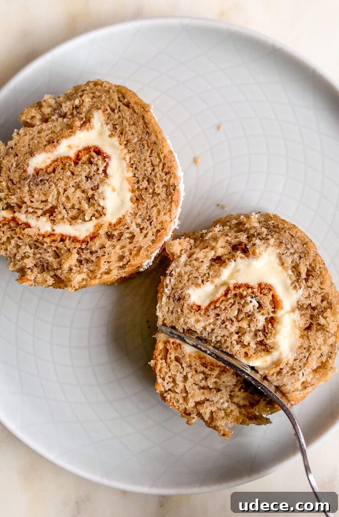 Banana Roll Cake with Cream Cheese Frosting Recipe 4 Soft, airy banana sponge cake rolled up with a tangy cream cheese frosting
