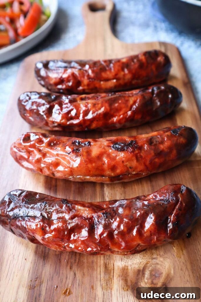 Crispy Air Fryer Chicken Sausage Recipe 3 wooden cutting board with four air fryer chicken sausages