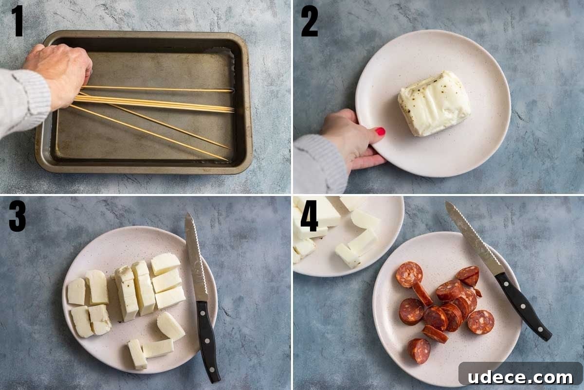 Collage of 4 images showing how to make halloumi skewers 