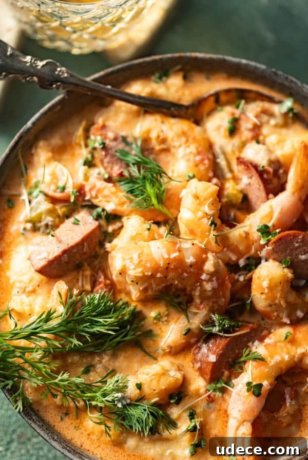 shrimp and grits in a bowl with a spoon topped with parmesan and fresh herbs.