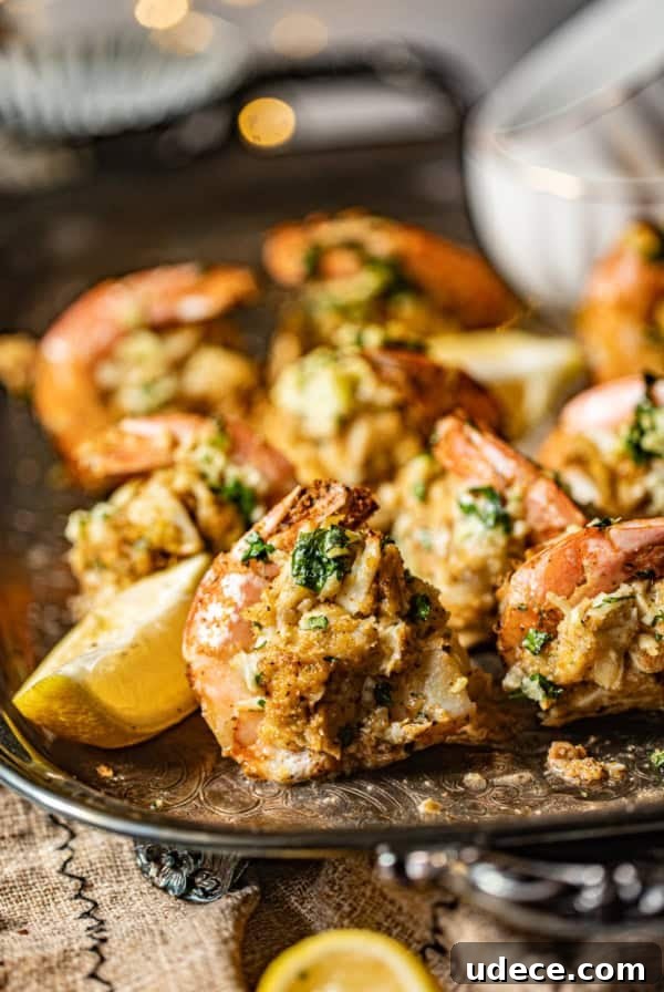 crab stuffed shrimp on a platter topped with garlic butter and fresh parsley.