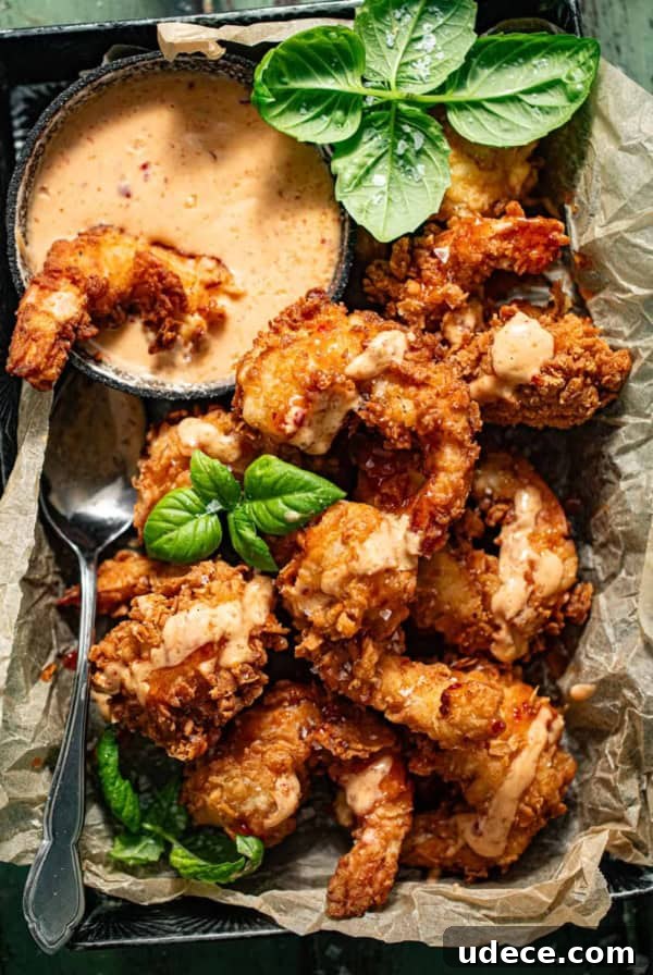 bang bang shrimp in a bowl lined with parchment paper.
