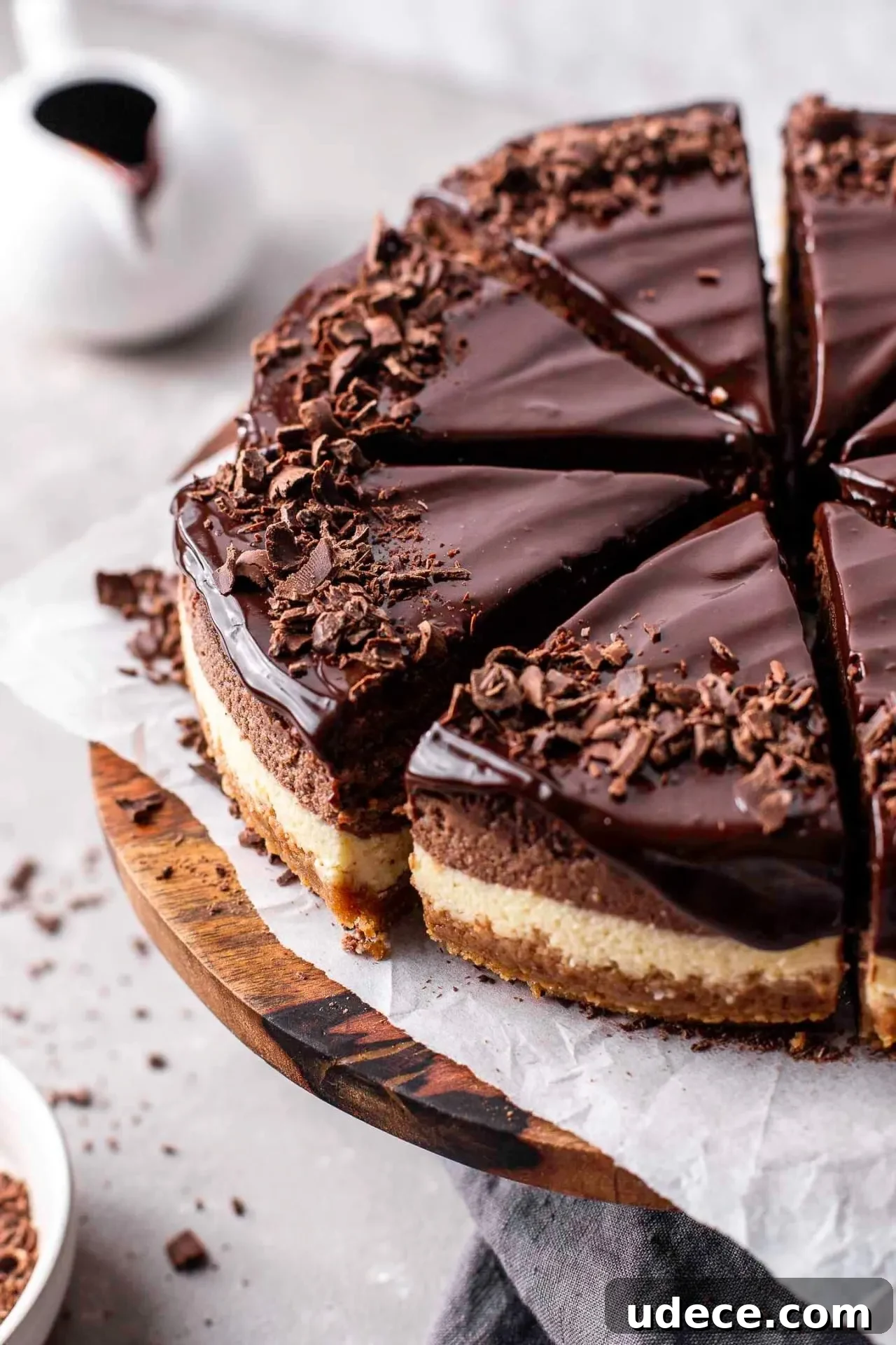 Decadent Chocolate Ombré Cheesecake Recipe 4 sliced ombre cheesecake on wooden cake stand (16)