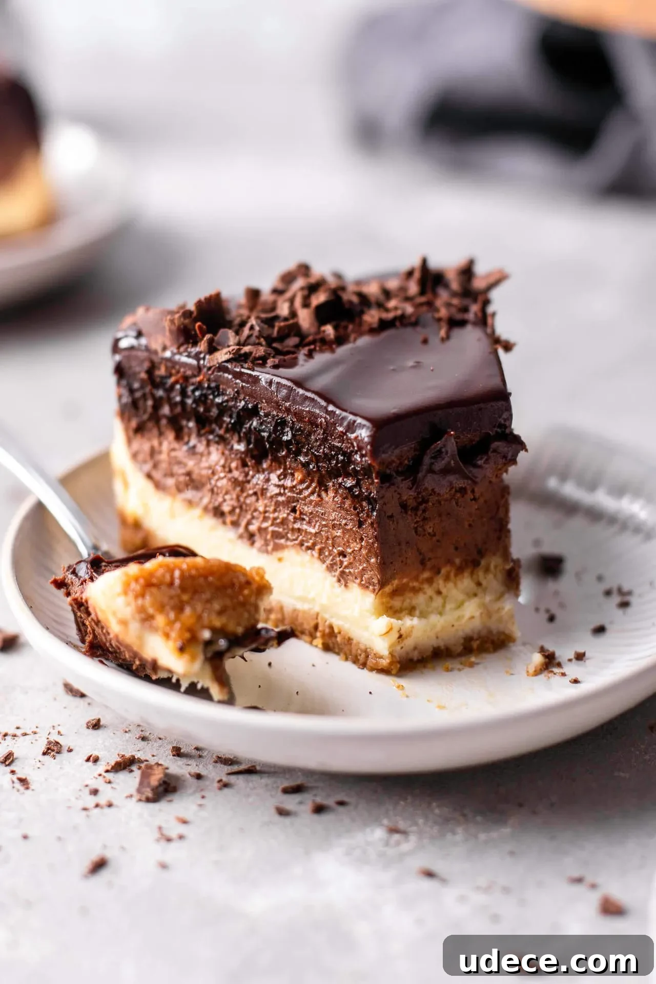 Decadent Chocolate Ombré Cheesecake Recipe 5 ombre cheesecake slice in plate (2)