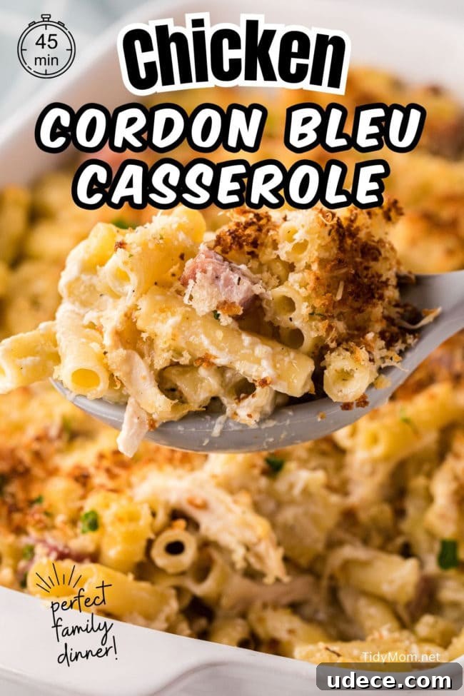 Creamy Chicken Cordon Bleu Pasta Bake 12 pasta casserole in a white baking dish