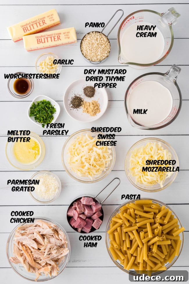 Creamy Chicken Cordon Bleu Pasta Bake 3 ingredients for Chicken Cordon Bleu Casserole on a counter