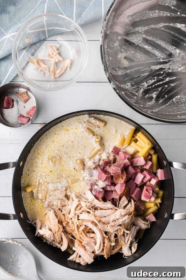 Creamy Chicken Cordon Bleu Pasta Bake 5 Chicken Cordon Bleu pasta Casserole in large pot