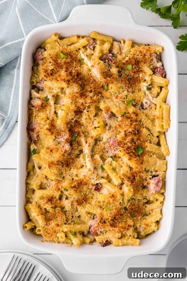 Creamy Chicken Cordon Bleu Pasta Bake 7 Chicken Cordon Bleu Casserole in a white baking dish