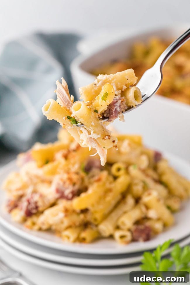 Creamy Chicken Cordon Bleu Pasta Bake 8 cheesy pasta casserole on a fork