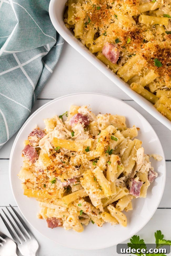 Creamy Chicken Cordon Bleu Pasta Bake 9 overhead shot of Chicken Cordon Bleu Casserole on a plate