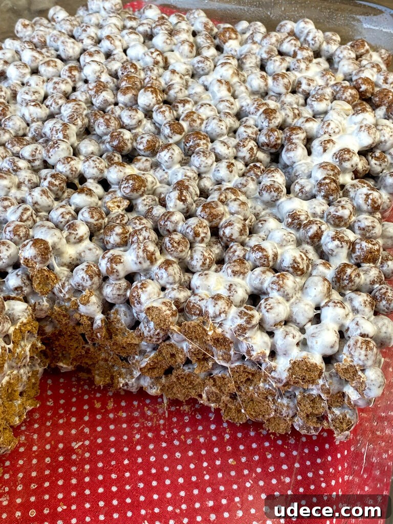 Homemade Cocoa Puffs Cereal Bars Recipe: Crispy Chocolate Treats 3 Overhead view of marshmallow coated cocoa puff cereal with a few pieces out of the pan.