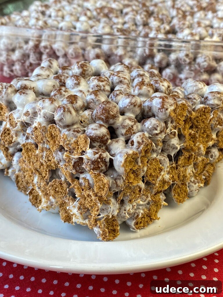Homemade Cocoa Puffs Cereal Bars Recipe: Crispy Chocolate Treats 5 Close up sweet Cocoa Puffs Cereal mixed with melted marshmallows and cut into squares to make a delicious homemade treat.