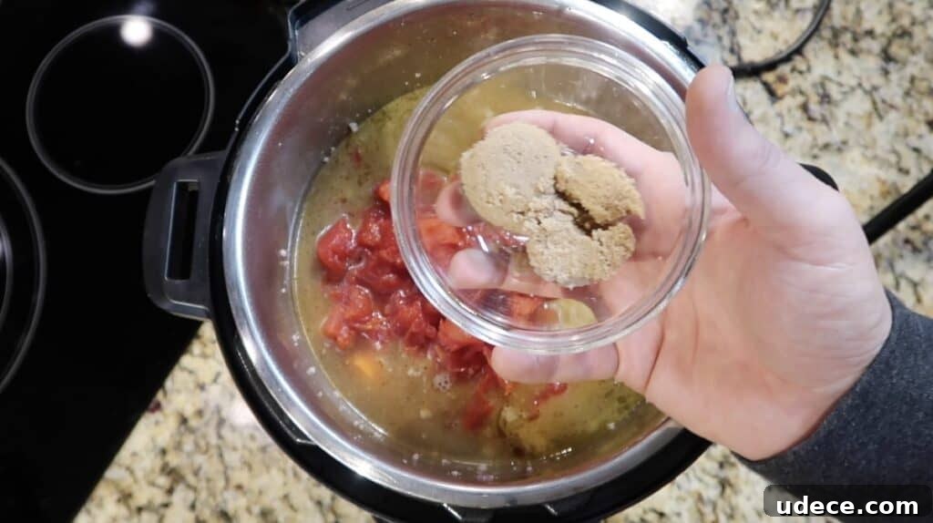 Instant Pot Deluxe Hamburger Stew Recipe in 30 Minutes 12 Adding brown sugar to pot