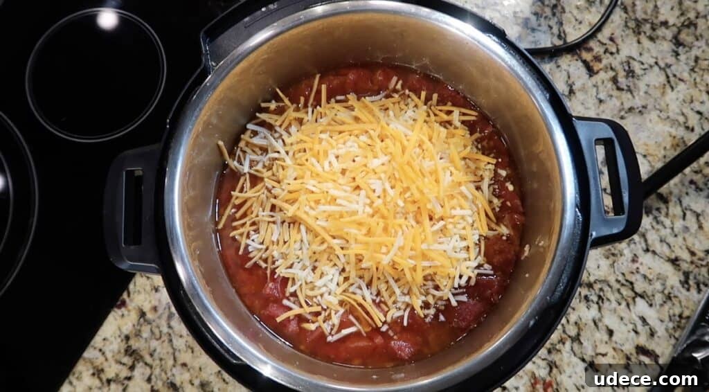 Instant Pot Deluxe Hamburger Stew Recipe in 30 Minutes 15 Adding shredded cheese to pot