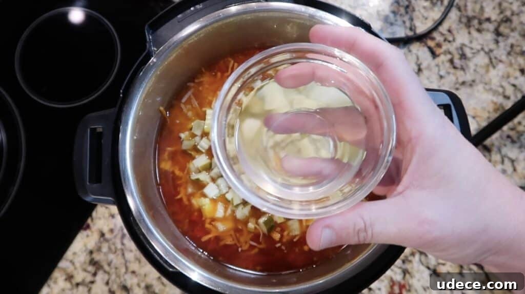 Instant Pot Deluxe Hamburger Stew Recipe in 30 Minutes 17 Adding pickle juice to pot
