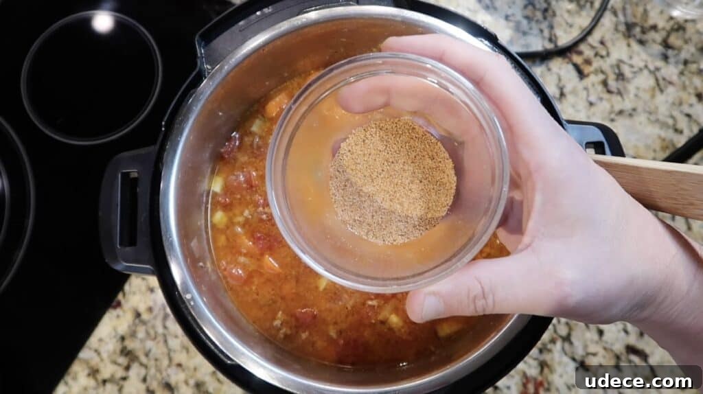 Instant Pot Deluxe Hamburger Stew Recipe in 30 Minutes 18 Adding seasoned salt or Creole seasoning to pot