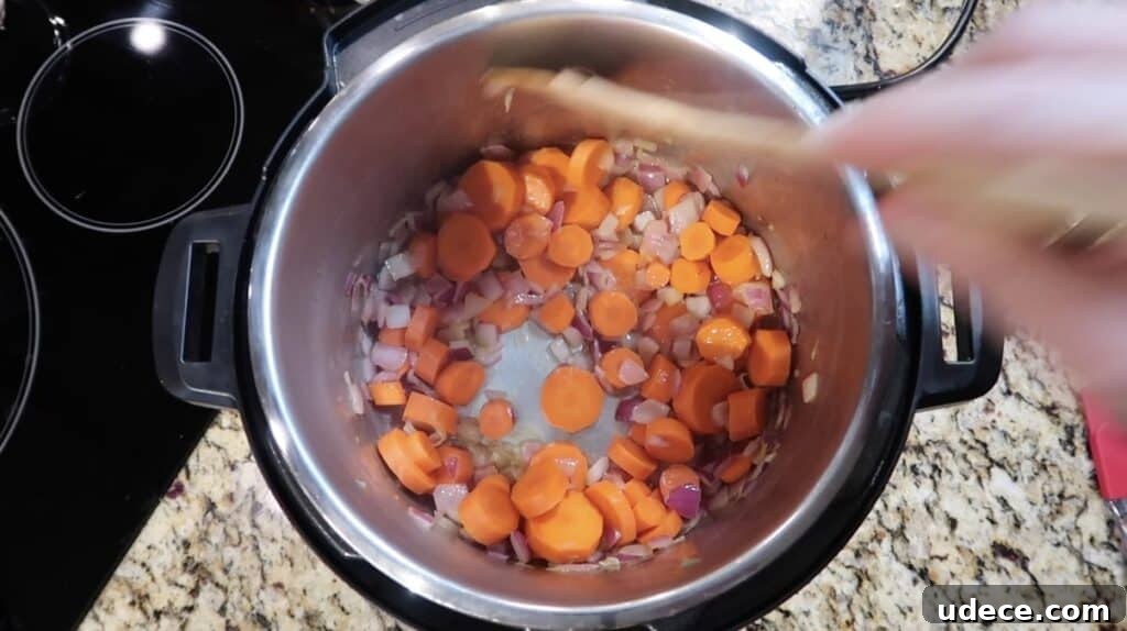 Instant Pot Deluxe Hamburger Stew Recipe in 30 Minutes 5 Sautéing carrots and onion