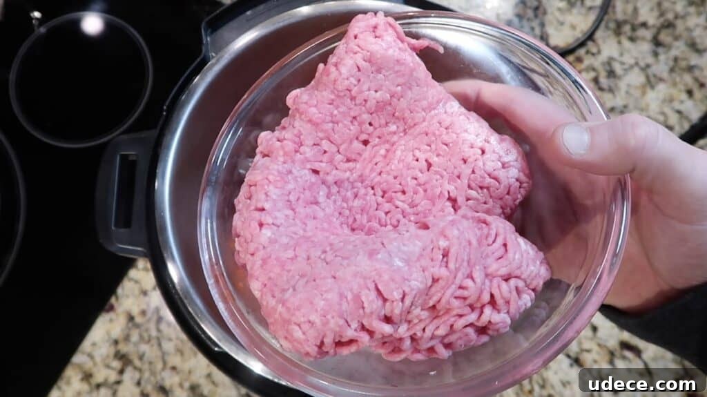 Instant Pot Deluxe Hamburger Stew Recipe in 30 Minutes 6 Adding ground meat to pot