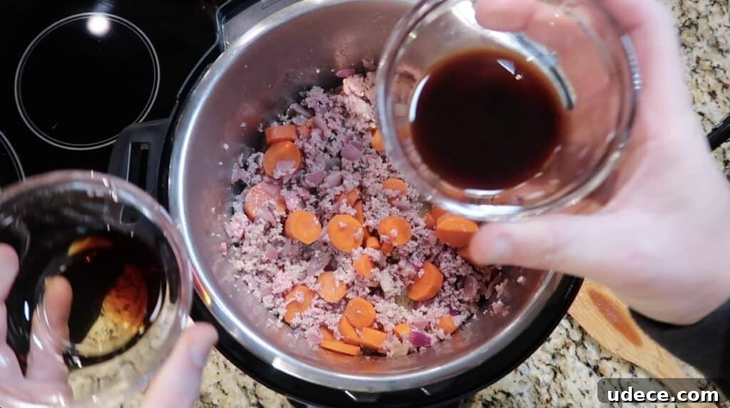 Instant Pot Deluxe Hamburger Stew Recipe in 30 Minutes 8 Adding Worcestershire sauce and liquid smoke to pot