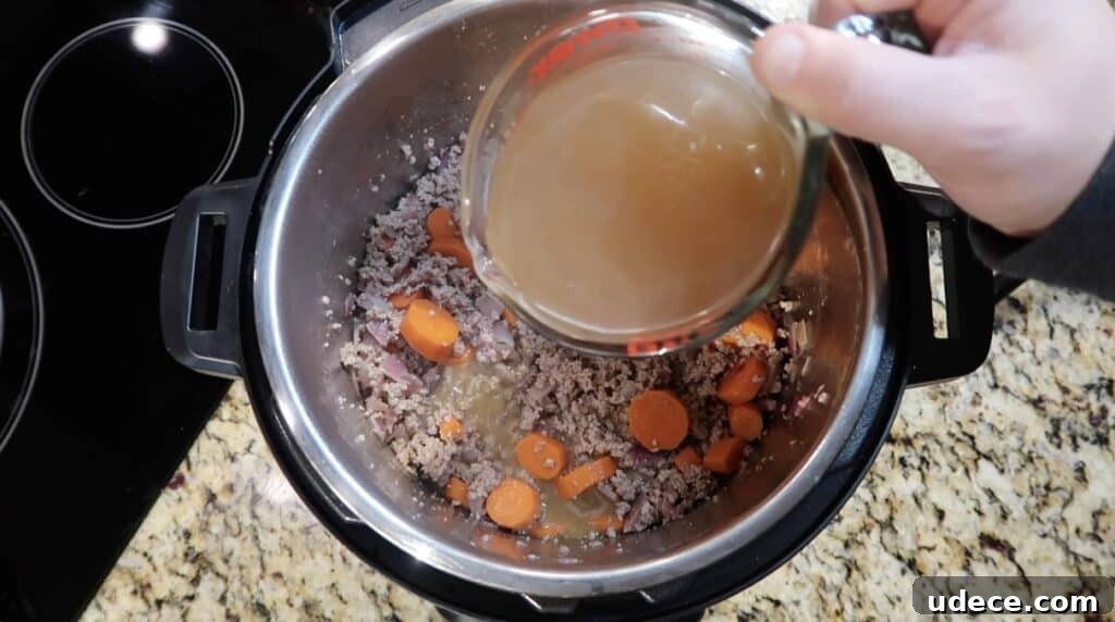 Instant Pot Deluxe Hamburger Stew Recipe in 30 Minutes 9 Adding broth to pot