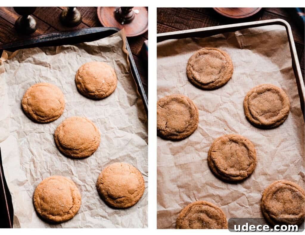 Baked puffy cookies, and baked cooled cookies with crinkly edges.