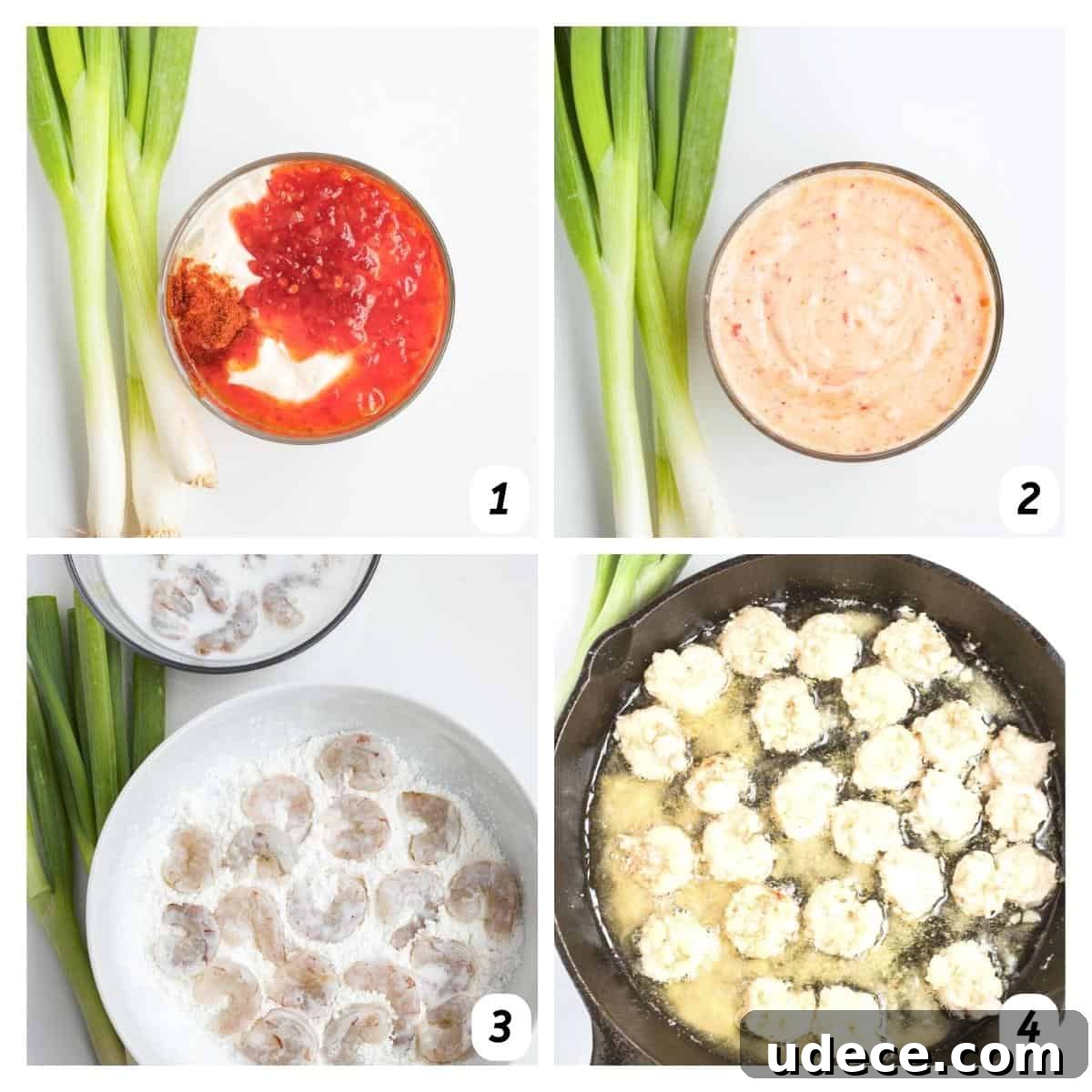 Four panel grid of process shots 2-4 - combining ingredients to make sauce, coating shrimp in cornstarch, and frying in a skillet.