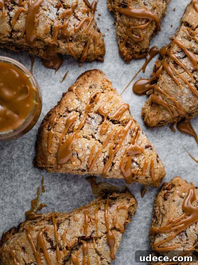 Dulce de Leche Scones Recipe — Buttery Caramel Scones Guide 2 Overhead of scones drizzled with dulce de leche