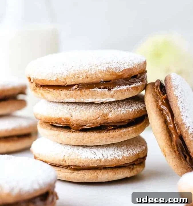 Alfajore sandwich cookies close up of 3 cookies stacked and one leaning against the stack