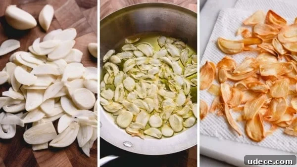 Crispy Garlic Chips Recipe: Homemade Thin Garlic Crisps 4 3 images of step by step process of making garlic chips: sliced garlic, garlic fired in a skillet and golden garlic chips on a paper towel.