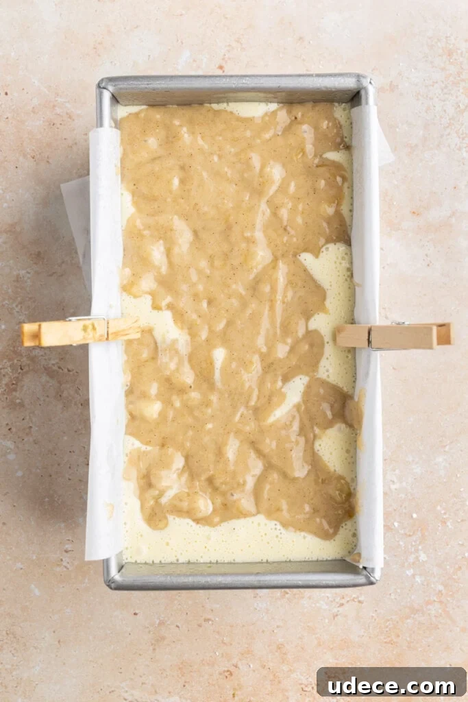 Marbled banana bread ready for the oven.