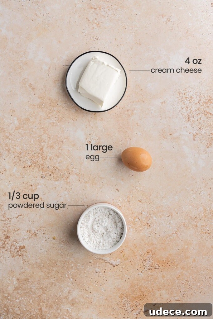 Ingredients for cream cheese layer in the banana bread - cream cheese, egg, powdered sugar.