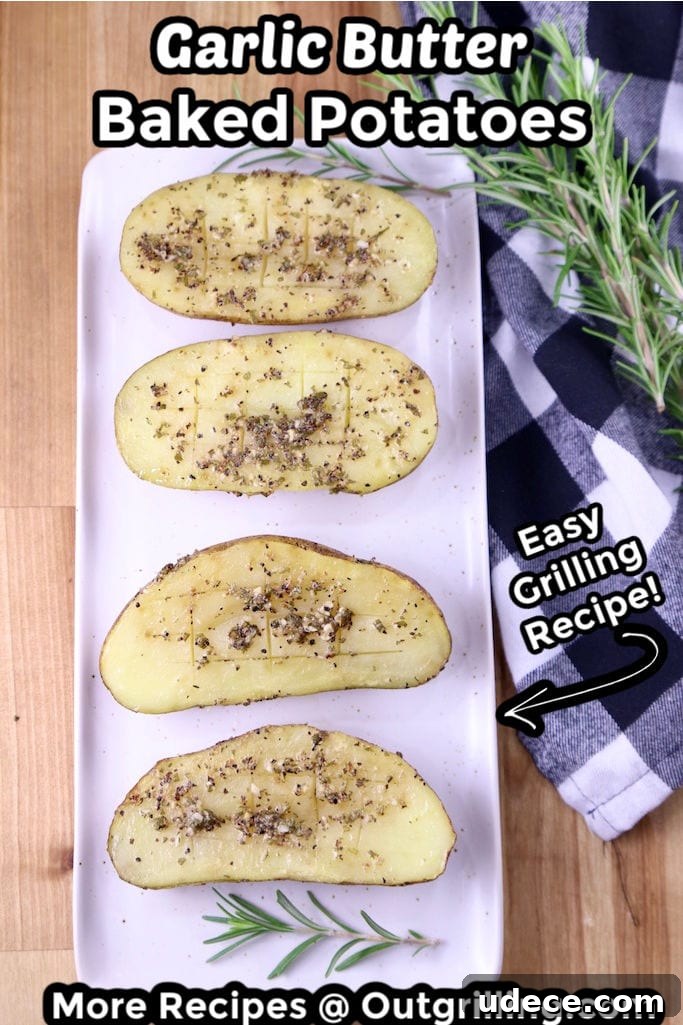 Garlic Butter Baked Potatoes are a delicious spin on the classic baked potato Garlic Butter Baked Potatoes - halves on a platter with text overlay